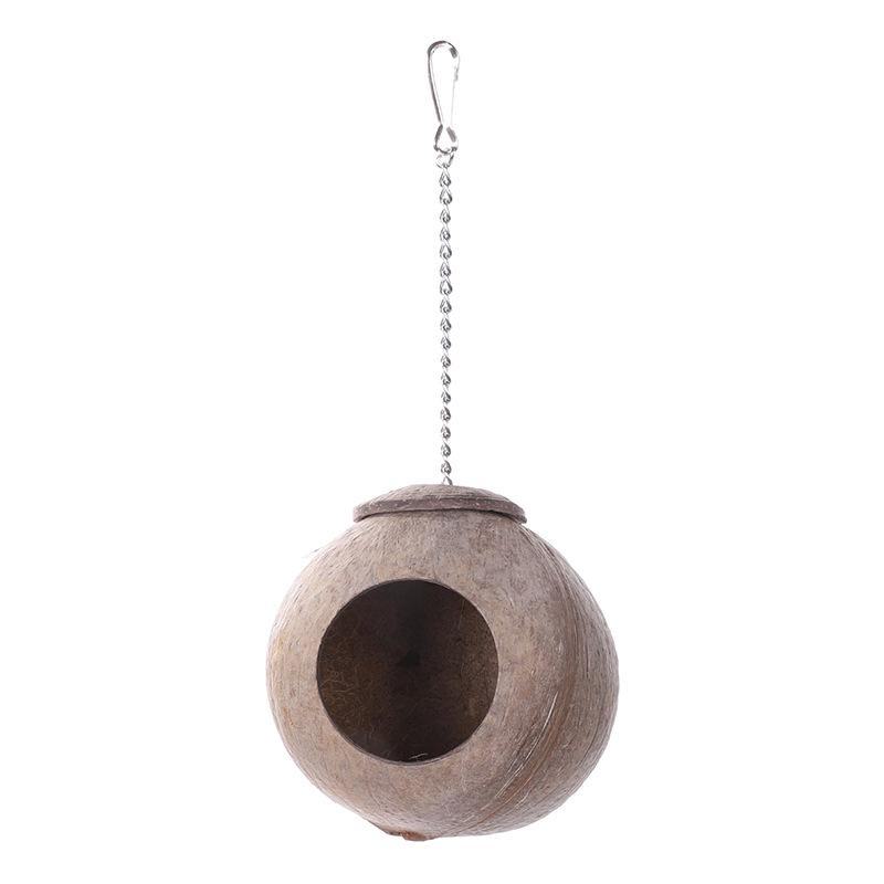 Natural Coconut Shell Parrot Nest & Swing Toy - Warm Tiger Skin Design