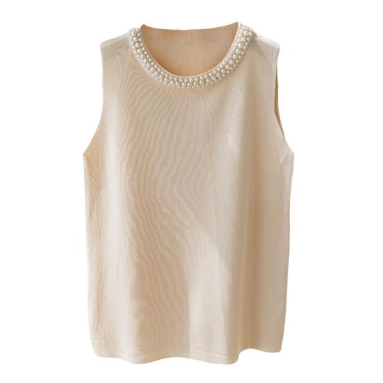 Женский вязаный жилет с круглым вырезом без рукавов, декор из искусственного жемчуга, топы на бретелях, облегающие однотонные эластичные топы