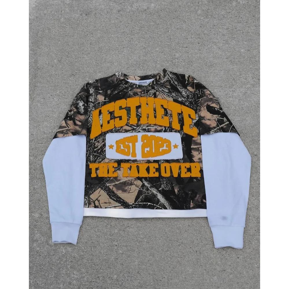 Американский уличный принт Harajuku камуфляжный длинный рукав свитер мужской длинный рукав Y2K свободный буквенный принт большой размер футболка