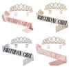 2Pcs/Set Glitter Birthday Party Crown Sash Silver Crystal Crown New Birthday Satin  Party