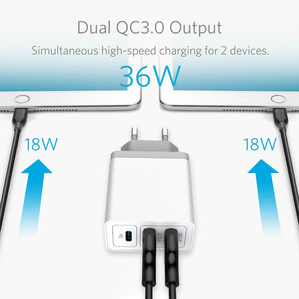 Быстрое зарядное устройство 38 Вт с двумя портами USB, QC3.0 и PD, совместимо с вилками EU/US/UK
