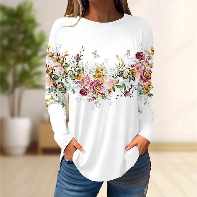 Топы для женщин с принтом кленовых листьев, круглый вырез, длинный рукав, футболка, осенний повседневный тонкий пуловер, женский топ с длинным рукавом