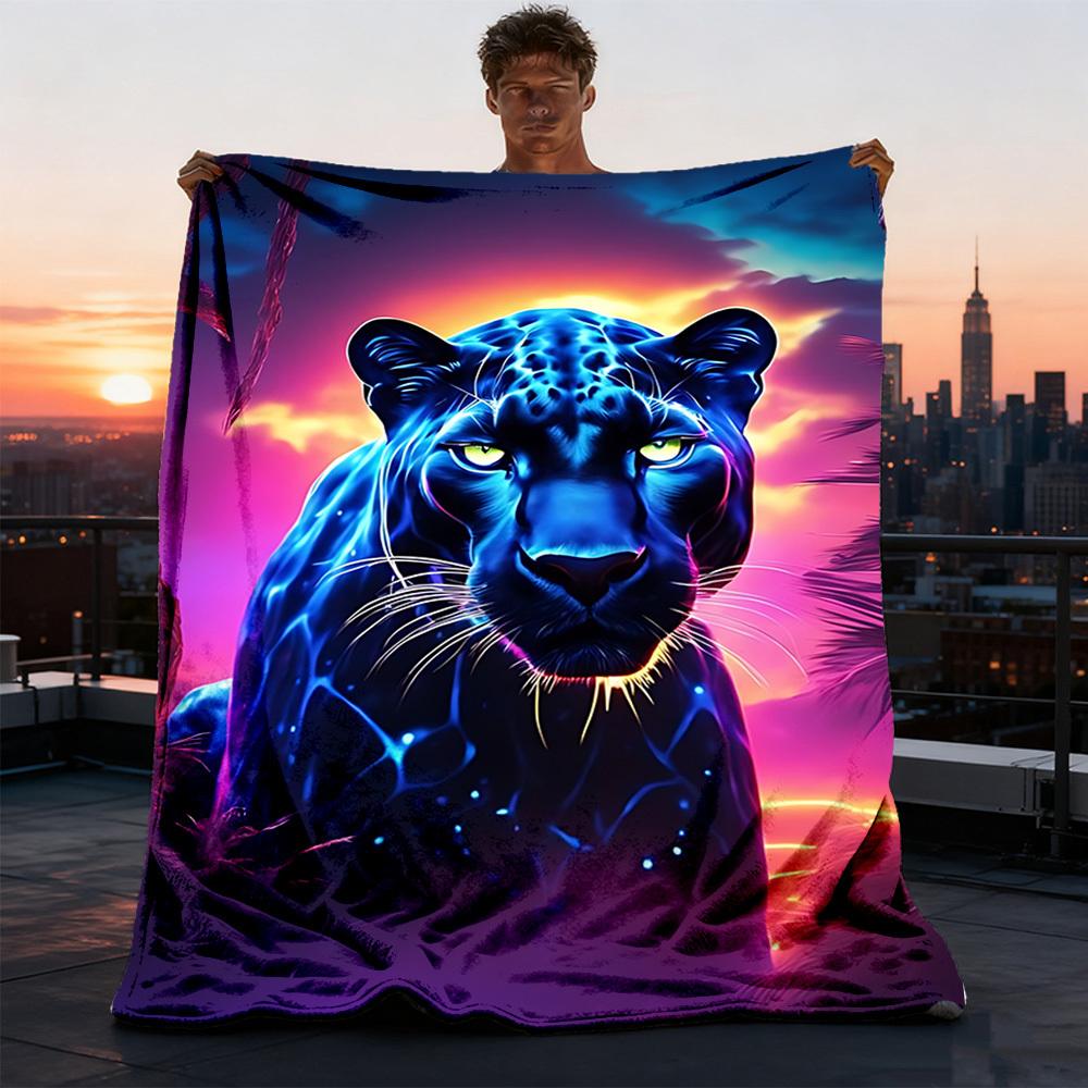 1pc Neon Panther Print Throw Blanket Polyester Fiber, Lightweight Flannel, Soft & Warm, All Season Use for Outdoor, Camping Digital Print