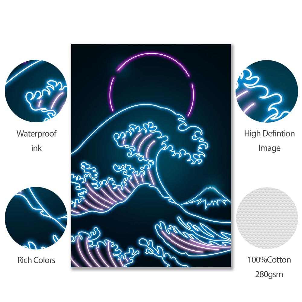 Oriental Retro Neon Canvas Painting Tsuru Sakura Mural Japanese Wave Mount Fuji Samurai Art Poster Print Living Room Home Decor