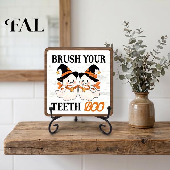Niche Holiday Gifts Halloween Wooden Table Sign, Cute Spooky Ghost Plaque with Bathroom Countertop Ornament Metal Stand for Kitchen Shelf Home