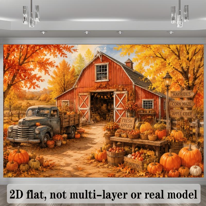 2D flat autumn farm harvest-themed background fabric, featuring a red barn and a vintage truck