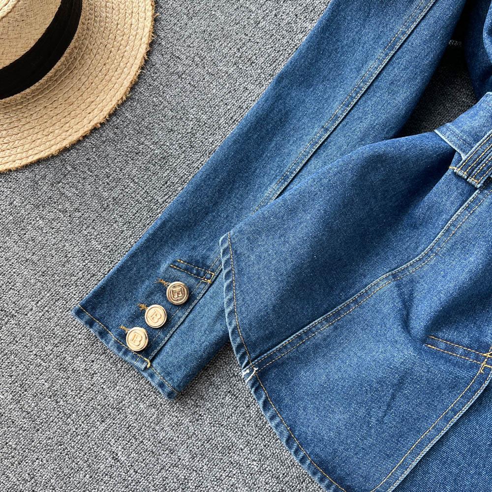 Осенняя новая корейская версия двубортной джинсовой куртки с тонким поясом на талии и краем листа лотоса с v-образным вырезом