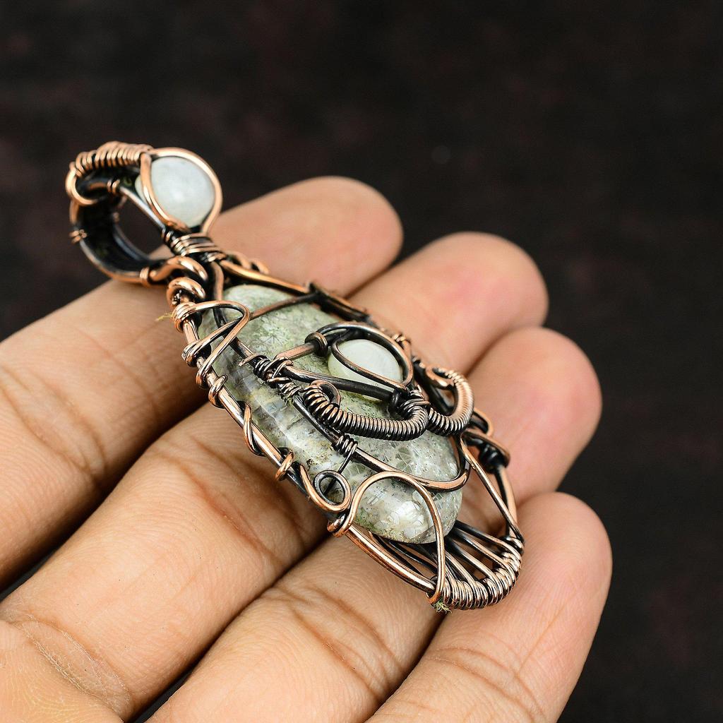 Подвеска из ископаемого коралла Глаз Дьявола, обернутая медью, с радужным лунным камнем, ручной работы, украшение Глаз Дьявола, подарок для матери, дизайнерское украшение