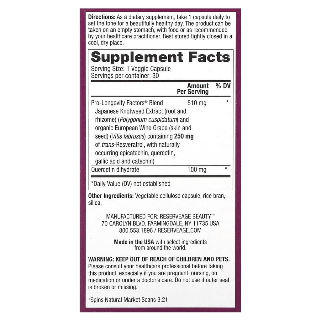 Reserveage Beauty, Resveratrol, 250mg, 30 Veggie Capsules