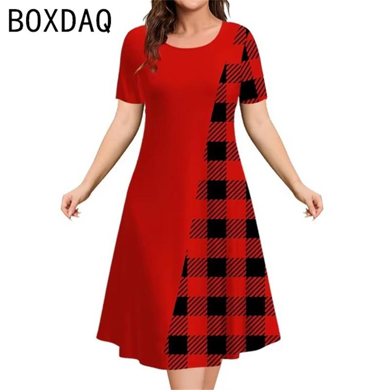 Women Vintage Black White Plaid A3D Prints Dress Summer Short Sleeve O-neck A-Line Dress Big Size Elegant Women's Dress