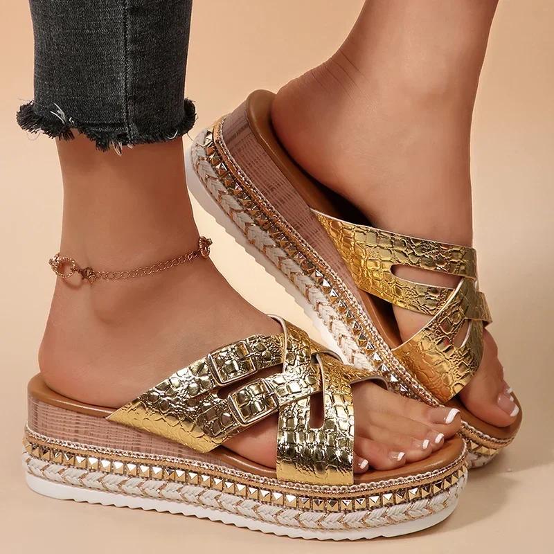 Fashion Women Shoes Fashion Cross Band Wedges Sandals Luxury Women Summer 2025 Platform Thick Bottom Slippers Plus Size Pu Leather Slide
