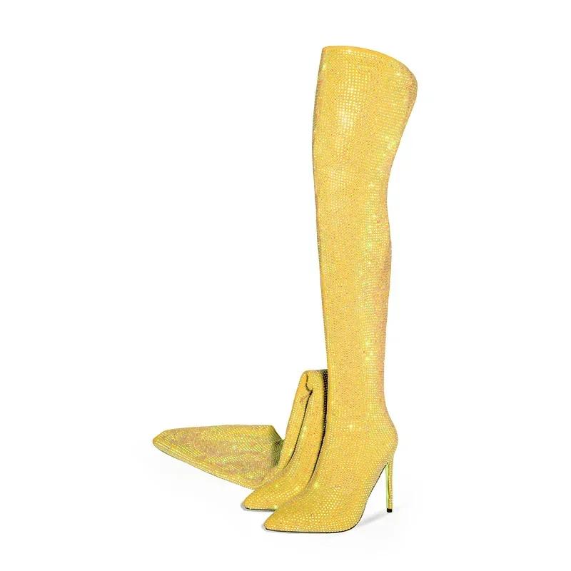 Модные серебристо-черные ботфорты на высоком каблуке 12 см, новая коллекция, блестящие бриллиантовые остроносые женские ботфорты выше колена, размер 34-46