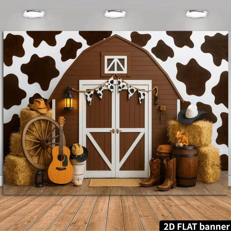 2D Vintage Farm Cowboy & Barn Birthday Party Decoration Backdrop