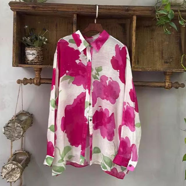 Dimanaf 2025 Весна Льняная Рубашка Длинный Рукав Женская Блузка Модные Розовые Цветочные Топы Свободные Новые