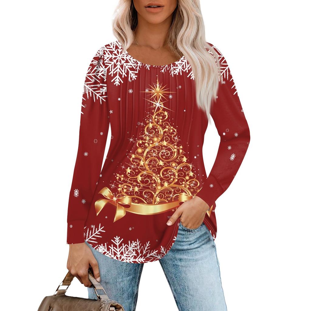 Женская повседневная футболка с круглым вырезом и длинными рукавами с рождественским принтом и складками