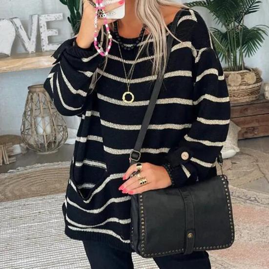 Women Autumn Oversized Sweater Elegant O-Neck Long Sleeve Striped Splicing Color Pocket Loose Pullover Elegant Knitting Jumper