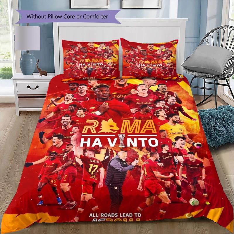 AS Roma Football Club Red Background Golden Burst Line 3Pcs Bedding Set, Duvet Cover with 2 Pillowcases, Soccer Bed Linens, No Comforter Pillow Core