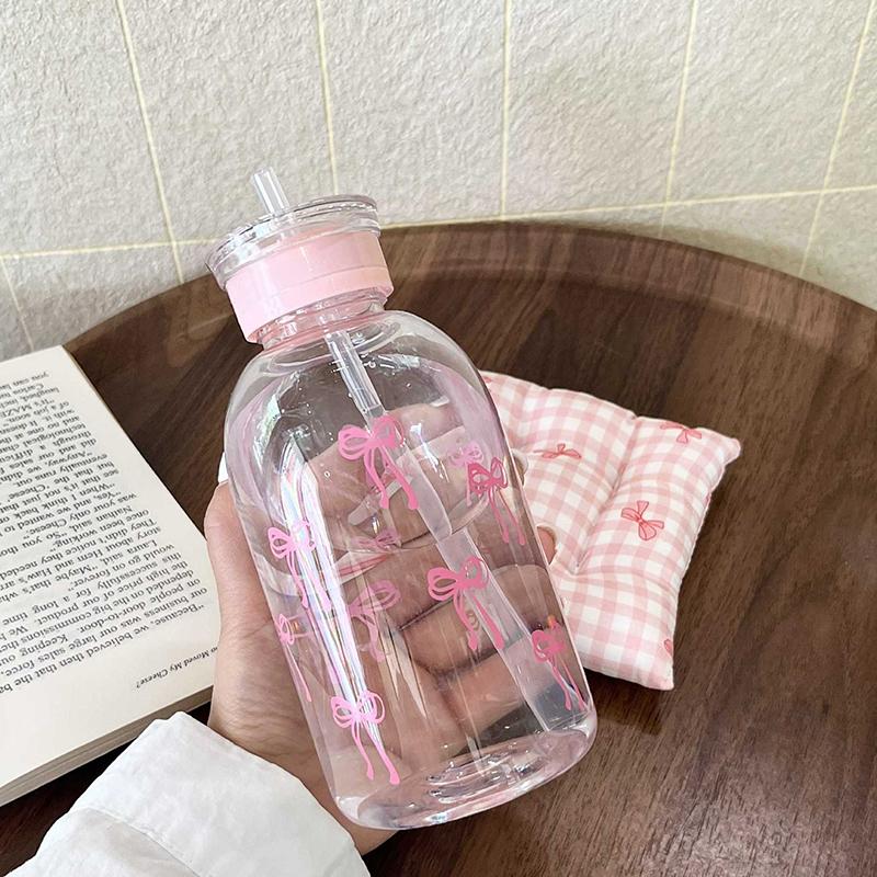 Бутылка для воды Kawaii, эстетический стакан для льда, кофе, сока, чая, симпатичные пластиковые стаканчики с бантом и крышкой-соломинкой, портативная бутылка для питья