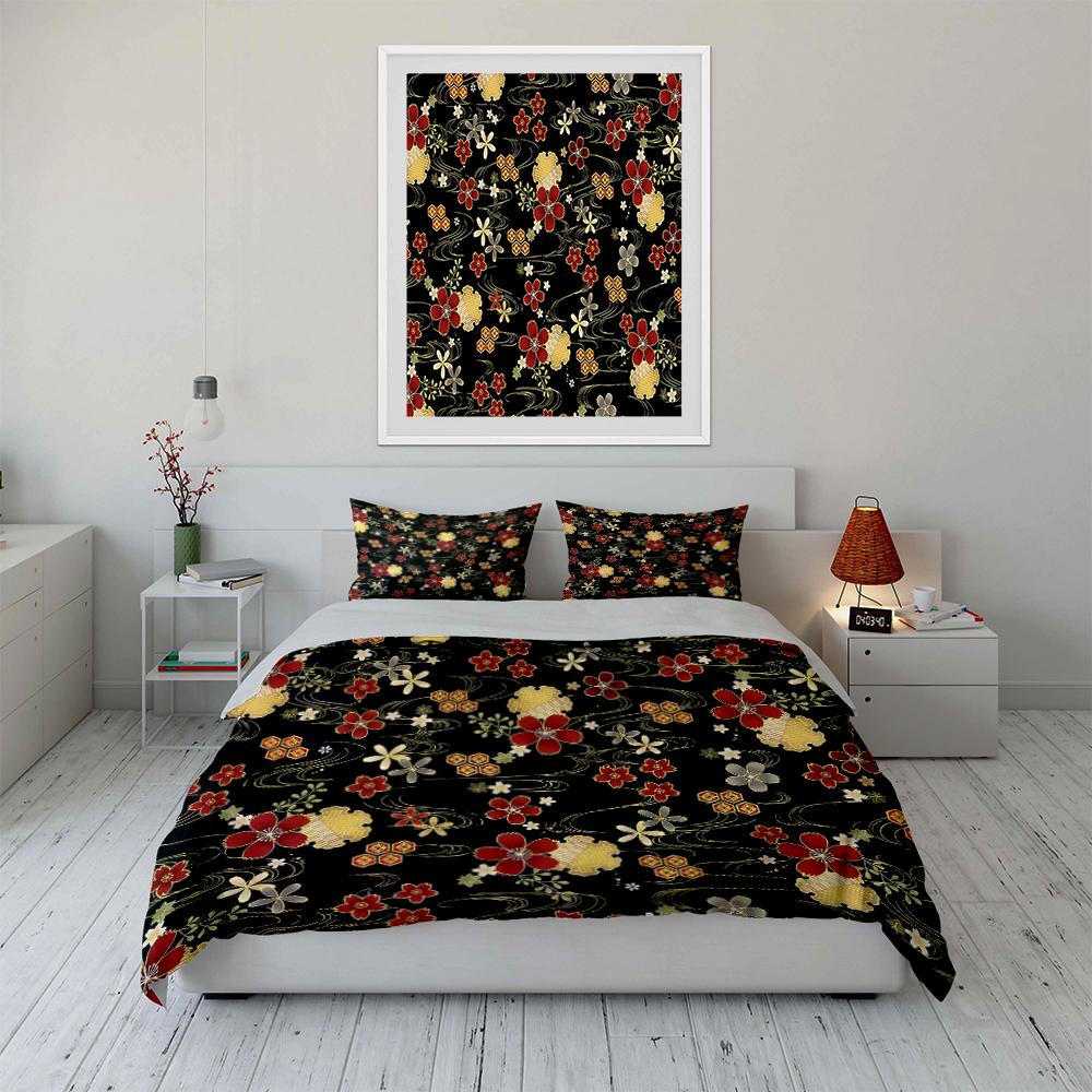 Floral Print Black Bedding Set Bedding set (1 duvet cover, 2 pillowcases, duvet not included)