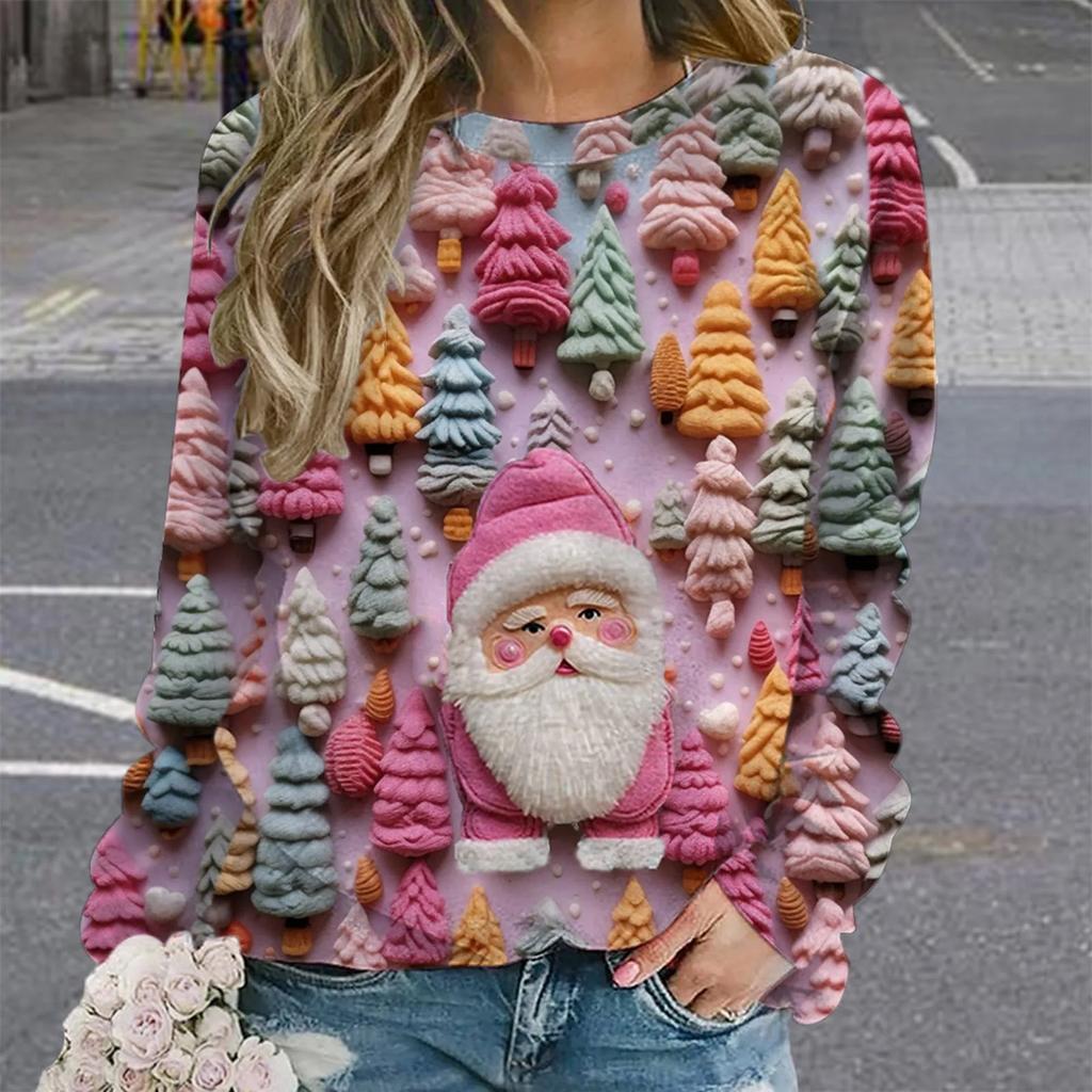 Рождественская женская толстовка с круглым вырезом, с длинным рукавом, свободная, повседневная, с милым рисунком Санта-Клауса, с забавным рисунком, с принтом