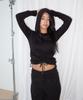 CHICKS Ribbed Shirred Hooded Long Sleeve T-Shirt Black