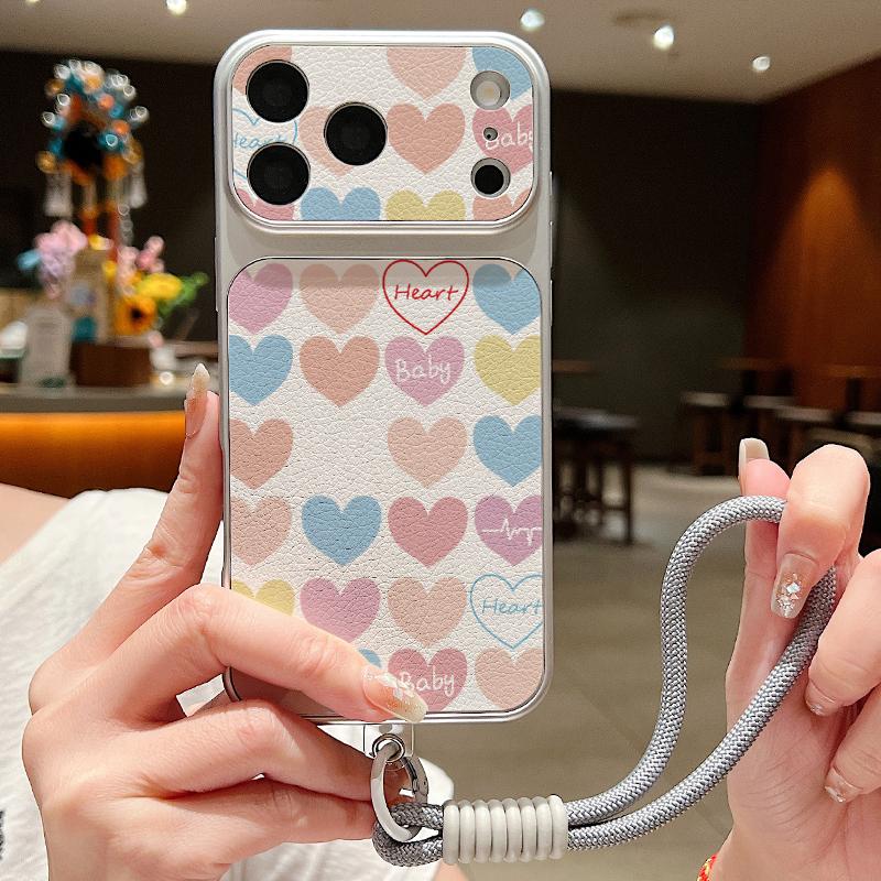 Мини чехол-кошелек с ремешком из кожи в форме сердечек для iPhone 18 Pro Max Гибридный TPU+PU Противоскользящая мягкая крышка для iPhone 17 16 15 14 13 Pro Max