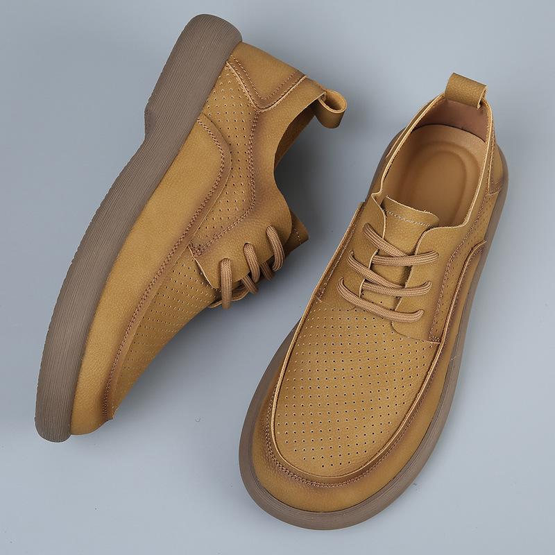New Shoes for Men Genuine Leather Casual Shoes Retro Breathable Microporous Flat Skateboard Shoes Street Cool Sneaker
