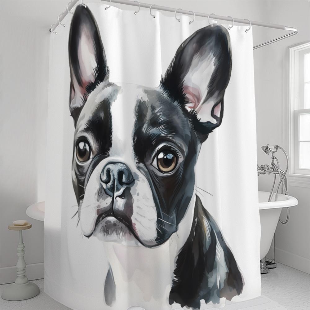 Dog Print Shower Curtain Black & White Artistic Design Polyester Washable With Hooks Stylish Bathroom Decor
