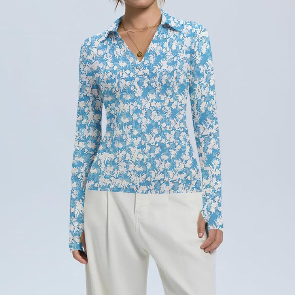 Women's Fashion Casual Print V-Neck Long Sleeve Button-Down Top