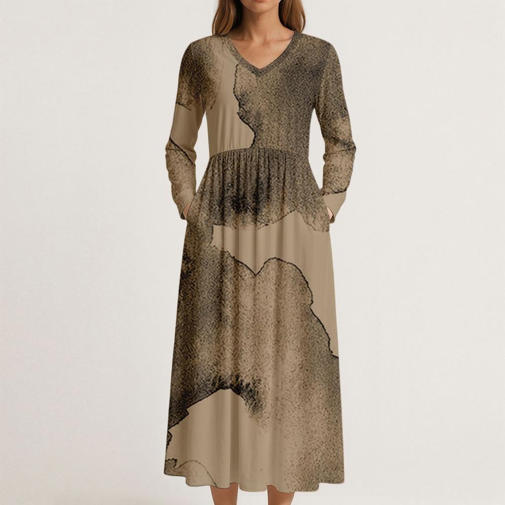 Платье для женщин длинное бохо пляжное платье элегантное макси-платье V-образный вырез длинный рукав платье с карманами