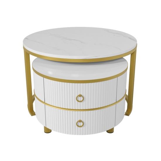 Rounded Edge Coffee Table with 2 Drawers Strong Load-bearing Spacious Desktop High-Gloss Marble Pattern Tea Table Living Room