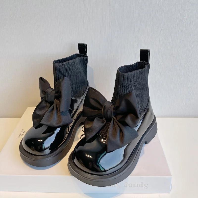 Girl's Sock Boots Chunky Big Bowtie Elegant Cute Children Short Boot Patent Leather Winter Ship-on Kids Shoe H01256