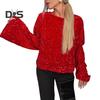 Women Tops Crew Neck Long Sleeve Back Tie Sexy Tops Loose Fit Solid Color Casual Blouse Party Daily Wear