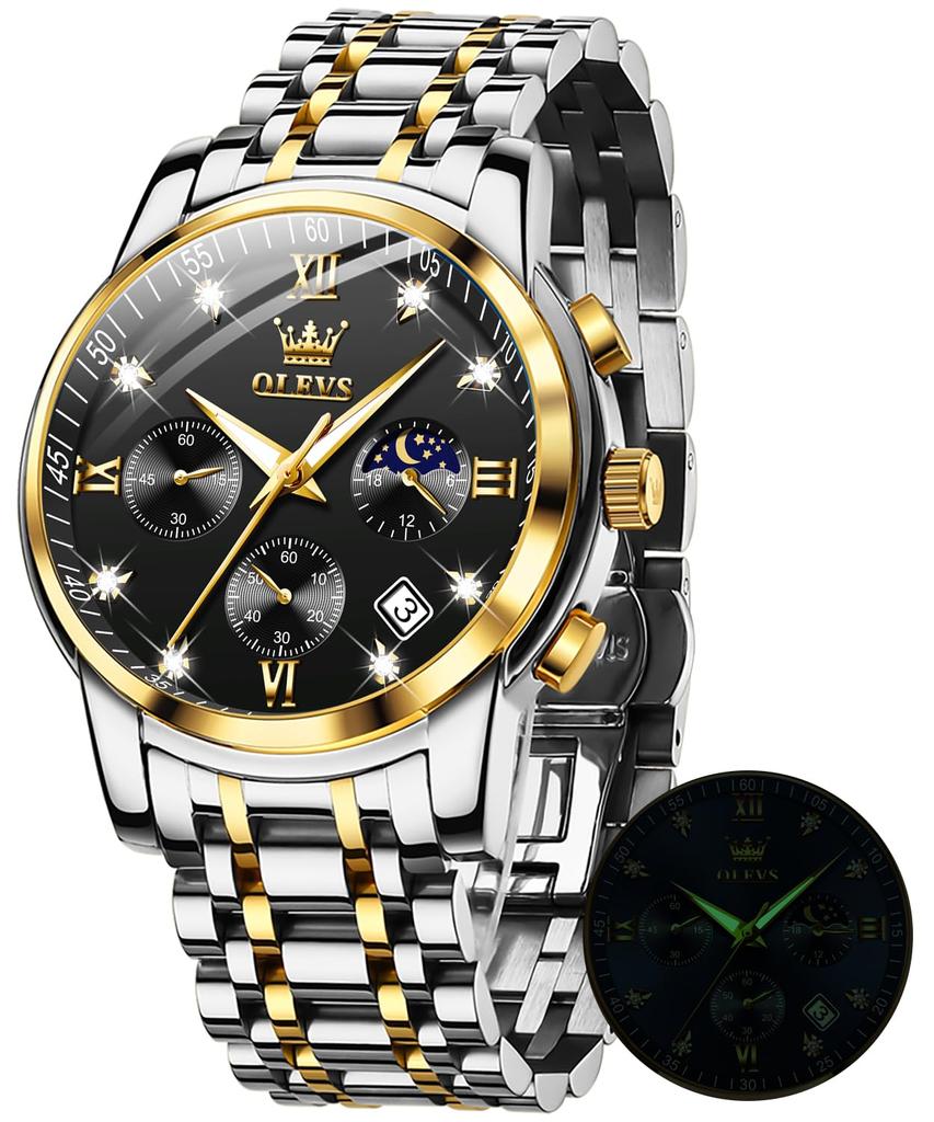 Часы OLEVS, кварцевые, водонепроницаемые, с подсветкой, дата, нержавеющая сталь, мужские, фазы Луны, простые, модные, мужские, черные