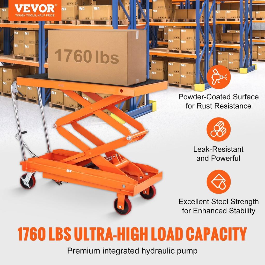 Hydraulic Lift Table Cart, 1760lbs Capacity 59" Lifting Height, Manual Double Scissor Lift Table with 4 Wheels and Non-slip Pad, Hydraulic Scissor