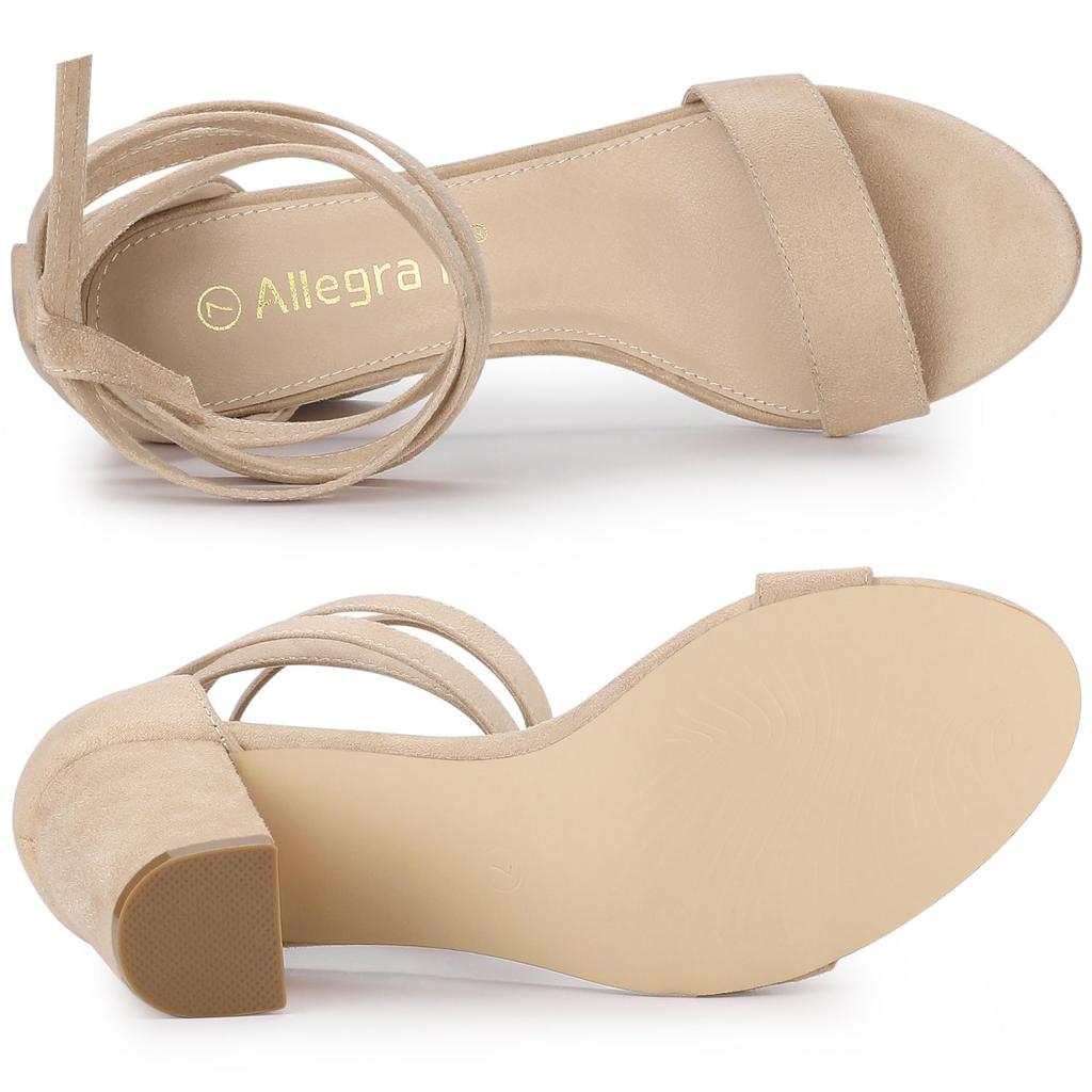 Allegra K Women's Beige Faux Suede Chunky Heel Lace-Up Sandals, Size 25.5cm