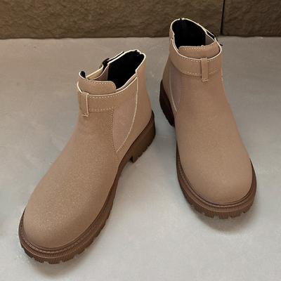 Модные ботинки с пряжкой для женщин 2024, осенние ботинки с круглым носком из однотонной флокированной ткани, короткие ботинки на массивном каблуке большого размера