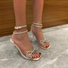 Fashion 2025 New Sexy Rhinestone Bowknot Women's Sandals Jelly Transparent High Heels Summer Ankle Buckle Strap Party Shoe