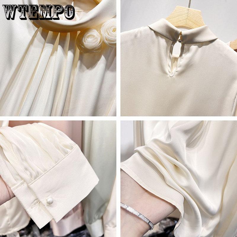 WTEMPO Атласные шелковые блузки с длинными рукавами, женские блузки на весну и осень, французские однотонные пуловеры с объемными цветами, топы