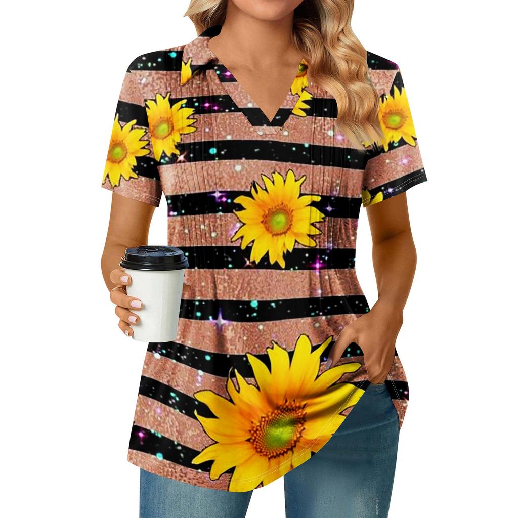 Women's Pleated V-neck Short Sleeved Sunflower Print T-shirt Business Casual Shirt