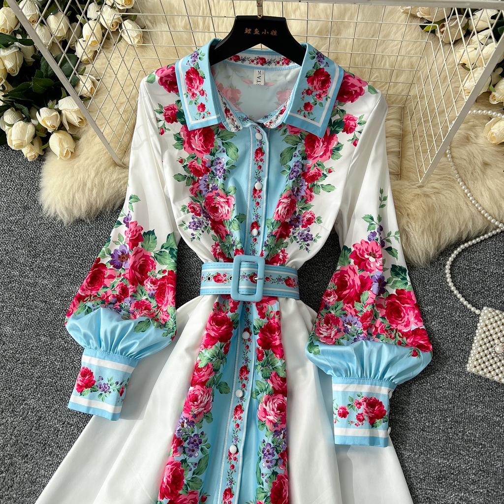 Весенние женские винтажные принты с отложным воротником, однобортная рубашка, длинные макси, праздничные пляжные платья с поясом