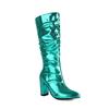 FOREADA Women Knee High Long Boots Pointed Toe Metallic Boot Chunky High Heels Pleated Gogo Boots Ladies Fashion Shoes Winter