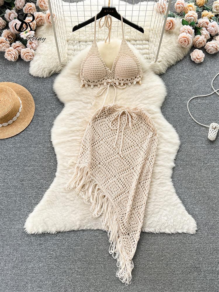 Summer Vacation Sexy Suits Strapless Halter Backless Bikini Set Drawstring Tassel Skirt Women Beach Knitted Fashion Two Pieces Suits