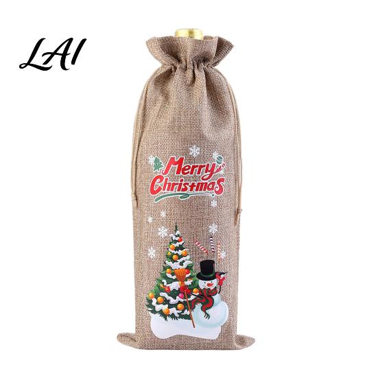 Imitation Linen Wine Pouches Christmas Bottle Bag Vintage Drawstring Sleeve Reusable Faux Holiday Party Packaging Cover Clothes for New Year Wedding