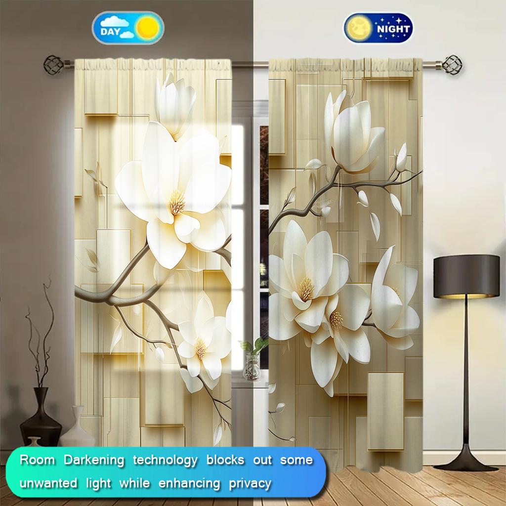2 шт. Элегантные и чисто-белые шторы с принтом цветов магнолии для домашнего декора - Карманные шторы для окон в спальню, офис
