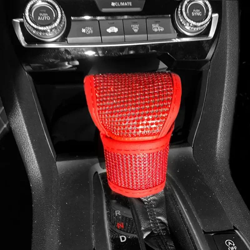 Bling Car Accessories Women Handbrake Gear Shift Rearview Mirror Armrest Cover Shoulder Pad Red Rhinestone Decoration Styling