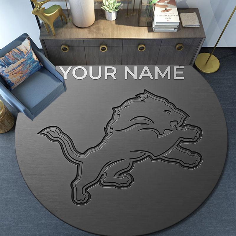 Custom Name,Detroit Lions pattern round rug,Carpet Rug for Living Room Bedroom Playroom ,Non-slip Floor Mat,Holiday Gifts and Birthday Gifts.
