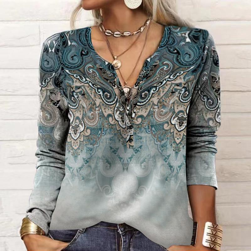 Streetwear Geometric Pattern Long Sleeve T Shirt For Women With V Neck Casual Fit