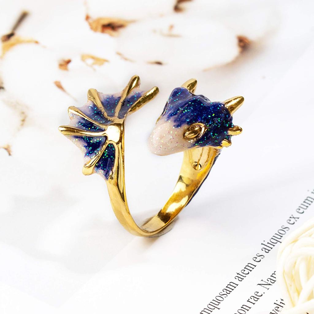 Creativity Design Starry Sky Cute Small Green Dragon Opening Ring Colorful Handmade Unique Charm Women Golden Rings Jewelry