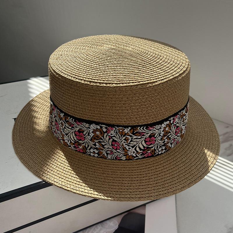 New retro elegant ribbon straw hat female summer big eaves show face small sunscreen hat seaside vacation photo multi-color optional